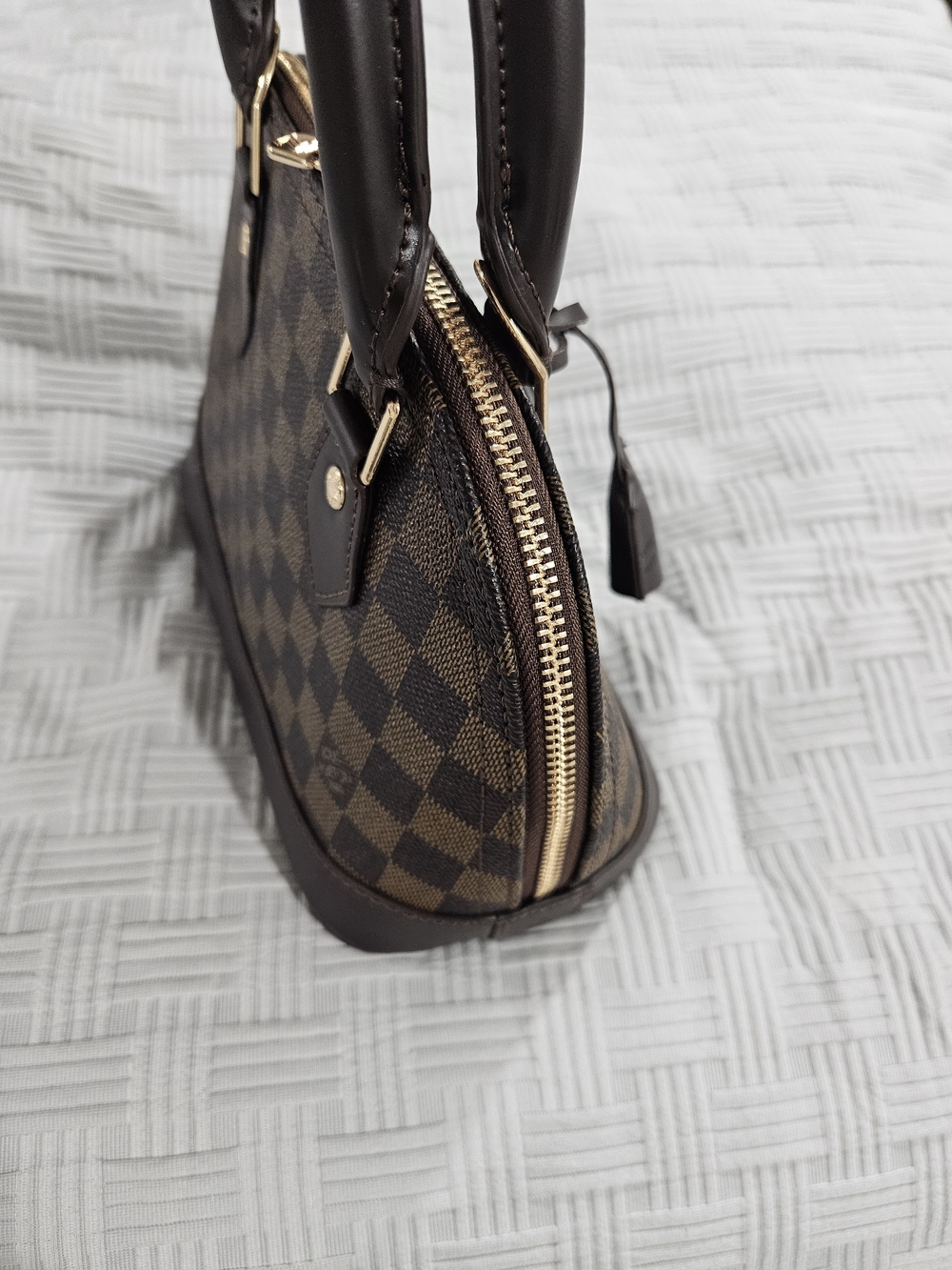 Brown Checkered Dome Satchel Fashion Bag - Picture 14 of 14
